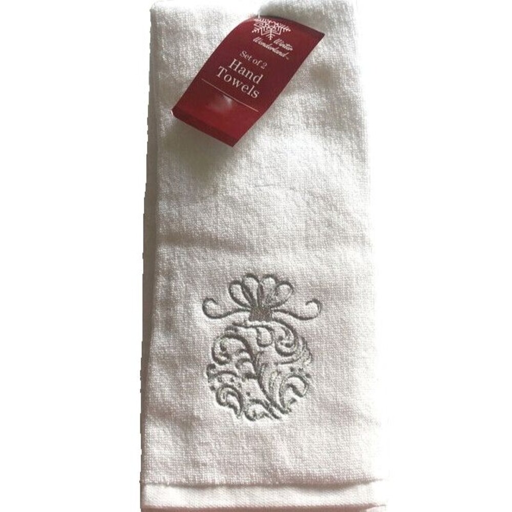 Christmas Holiday Silver Ornament Hand Towels Embroidered White Silver Set of 2
